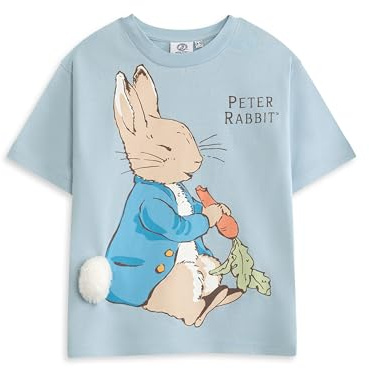 Peter Rabbit Kids Light Blue Graphic Tee | Short Sleeve Crew Neck Cartoon T-Shirt | Character Print Top for Children | Unisex Streetwear Merch