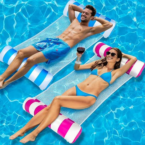 PQETBV 2 Piezas Colchoneta Hinchable Piscina, Colchoneta Piscina Adultos con Red y Bomba de Aire, Plegable Hamaca de Agua Flotante para Adultos y Niños, Piscinas y Playas