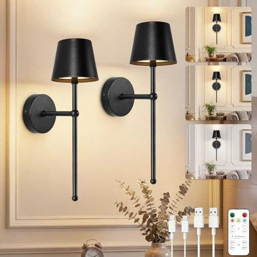 TaoFiaCo Rechargeable Wall Light with Remote Control Indoor, Black, Long | Battery Operated Wall Lights for Living Room Bedroom, Wireless Wall Sconces, 4400 mAh Battery, 3 Color Temperatures