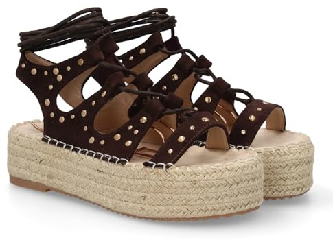 shoes&blues.es Sandalia de Plataforma para Mujer Estilo Romano, con Detalles metálicos, múltiples Tiras y Cordones Ajustables al Tobillo. Ideal para Verano.