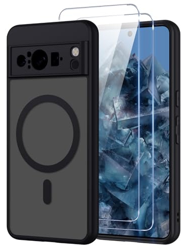 Pnakqil Magnetisch für Google Pixel 8 Pro Hülle für Magsafe,Matt Transluzente Handyhülle für Google Pixel 8 Pro mit 2 Panzer Schutz Glas,PC Härte Kratzfest Matte Dünn Magnetische Case,Schwarz