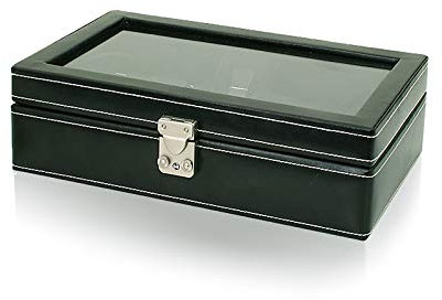 FrIEDrICH/23 Friedrich23 Uhrenkoffer – Uhrenkasten London mit Glasdeckel aus Echtleder in schwarz – Platz für 10 Uhren – abschließbar