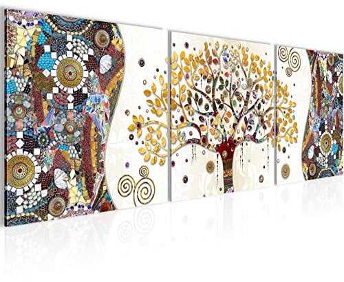 Runa Art Tableau Gustav Klimt L'Arbre De Vie 3 Parties Impression sur Toile intissee Decoration Salon 90 x 30 cm Abstrait Art Coloré 004634a