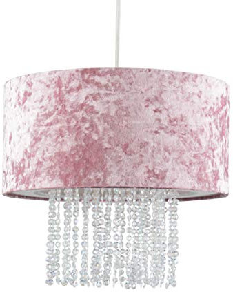 Modern Pink Velvet Cylinder Ceiling Pendant Light Shade with Clear Acrylic Droplets