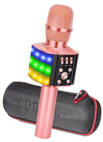 Karaoke Microfono Senza Filo Aggiornato BONAOK con Luci LED Colorate Lampeggianti, 4 in 1 Microfono Karaoke, Portatile Karaoke Player Machine Festa a Casa Speaker Regalo per Android/iOS (Oro Rosa)