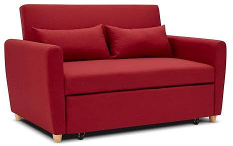 Bravich Pull Out Two Seater Double Sofa Bed -Red Fabric. Modern Contemporary Space Saving Folding Bed, Easy Fold Living Room Furniture To Full Size Double Bed. Fabric Couch With Thick Foam Cushions.