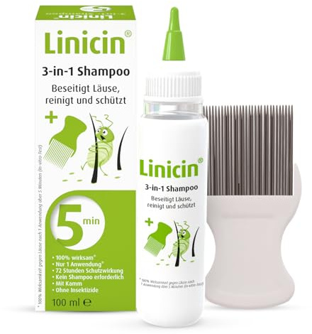 Linicin 3-in-1 Shampoo, beseitigt Läuse in 5 Minuten, 100% Wirksamkeit, inkl. Läusekamm (100 ml)