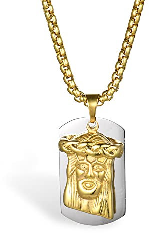 JewelryWe Schmuck Herren Halskette mit Gravur Edelstahl Jesus Christus Kopf Portrait und Dog Tag Erkennungsmaken Anhänger Geschenk für Männer Silber Gold