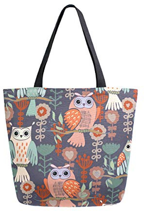 COZYhome Große Handtasche aus Segeltuch mit Blumenmuster, Vogel, Eule, wiederverwendbare Einkaufstasche, Einkaufstasche, Umhängetasche, Geldbörse für Frauen, Arbeit, Schule