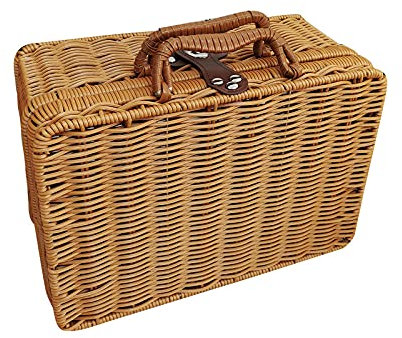 Atroy Rattan-Aufbewahrungsbox, großer Vintage-Rattan-Metallschloss, Retro-Koffer mit Griff, Retro-Koffer für Aufbewahrung, Reise und Picknick, Grau, 29,5 x 21 x 12 cm