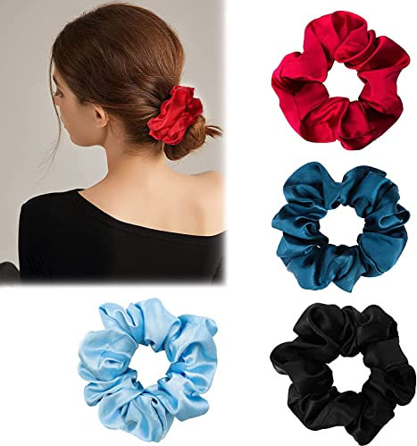 KAMEUN 4 Stück Haargummis 100% Seide Scrunchies Elastischer Bunte Haarschmuck Haarseil für Mädchen Damen Frauen Pferdeschwanz Halter Hairband Haarband aus Seide - MEHRWEG