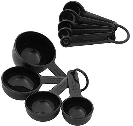 KitchenAid Universal Measuring Cup and Spoon Set, 1/4, 1/2, 1/3, and 1 Cup Size, and 1 Tablespoon, 1/2 Tablespoon, 1 Teaspoon, 1/2 Teaspoon, and 1/4 Teaspoon Size, Dishwasher Safe, 9 Piece, Black
