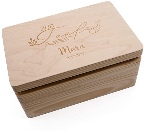 Taufgeschenk Erinnerungskiste - personalisiert I Holzbox - Tauffisch I Personalisierte Geschenke zur Taufe I Erinnerungsbox zur Taufe 30x20x14cm