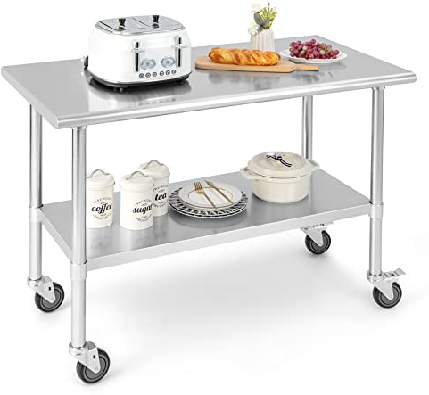 COSTWAY Mesa de Trabajo Acero Inoxidable, 122 x 61 x 90 cm, Mesa de Preparación de Comida con 4 Ruedas, Estante Inferior Ajustable, Capacidad de Carga 250 kg, Mesa de Cocina para Bar, Restaurante