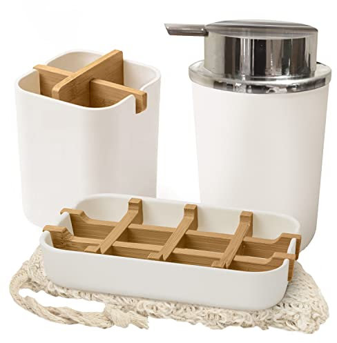 EDARTO® Conjunto de baño de bambú sostenible Compuesto por jabonera con Bandeja recogegotas/portacepillos/loción, dosificador de jabón/Bolsa de jabón de sisal para Peeling Corporal.