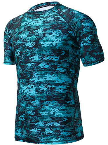HUGE SPORTS Men's Rash Vest Splice UV Sun Protection UPF 50+ Rash Guard Swimming Top Short Sleeve(Pixel Green,M)
