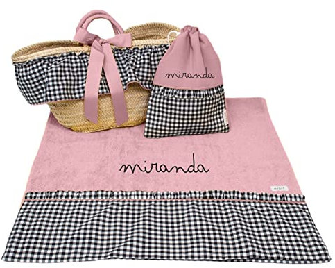 Capazo Mimbre Toalla de Playa Bolsa bañadores Personalizado para niña - Vichy (Personalizado) (3 Piezas, Negro/Rosa Maquillaje)