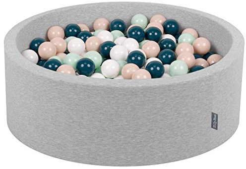 KiddyMoon Piscine À Balles pour Bébé Rond 90X30cm/200 Balles 7Cm Fosses À Boules Jouet Enfant, Gris Clair:Turquoise Foncé/Beige Pastel/Blanc/Menthe