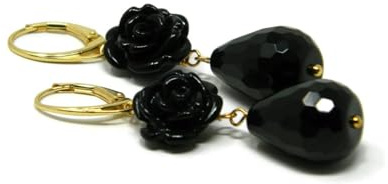 DodiGioielli Damen Ohrhänger mit Schwarzer Resin-Rose und Onyx Tropfen | 925er Silber Vergoldet | Handgefertigt in Italien | Nickelfrei & Allergikerfreundlich