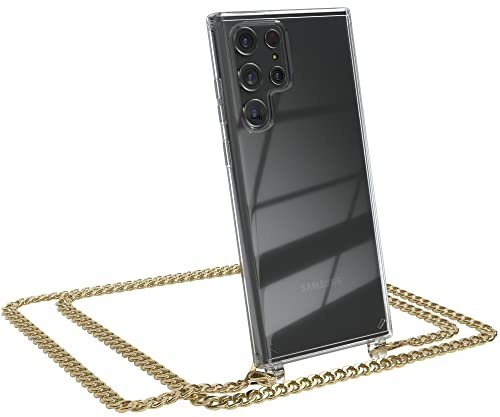 EAZY CASE Handykette kompatibel mit Samsung Galaxy S22 Ultra 5G Handyhülle mit Metal Umhängeband und Ersatz Kordel schwarz, Handykordel mit Schutzhülle, Stylische Kette, Metal - Gold