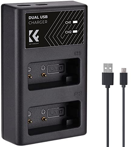 K&F Concept LP-E17 Dual Slot Fast Camera Charger with Micro USB/Type-C Dual Interface Compatible Battery Canon EOS RP, Rebel T8i, T7i, T6i, T6s, SL2, SL3, EOS M3/M5/M6, Mark II, 77D, 200D, 750D, 760D