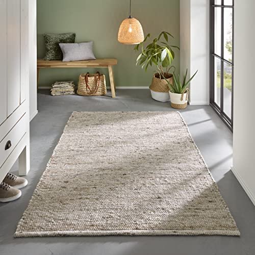 TacaHome Wollteppich Handweb Teppich Gewalkt I Reine Schur-Wolle im Skandinavischen Design I Wohnzimmer Schlafzimmer Esszimmer Kinderzimer Büro | 70 x 130 cm Sand