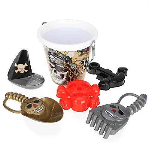 com-four® 6-teiliges Strandspielzeug-Set im Piraten-Design - Eimer mit Henkel, Schippe, Harke, Formen und Schiffchen - Sandspielzeug für Strand, Sandkasten und Spielplatz (braun)
