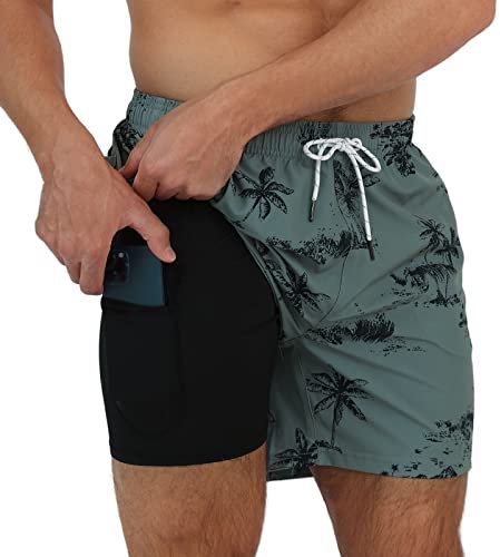 Arcweg Herren Badehose Badeshorts mit Kompression Liner 2 in 1 lässige Swim Shorts Kurz 5.5 Schnelltrocknend Boardshorts Strandshort mit Reißverschlusstasche Kokosnussbäume L(EU)