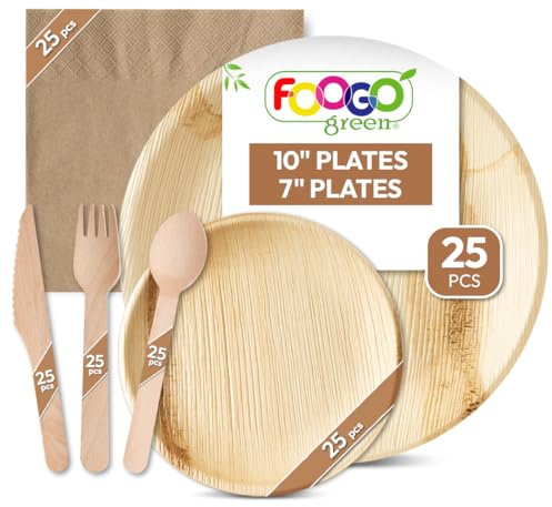 FOOGO Green 150pcs Disposable Palm Leaf Plates Wooden Cutlery Set and Brown Napkins, FSC® Certified, 25x Large Round, 25x Small Side Plates, 25x Forks, 25x Knives, 25x Spoons, 25x Brown Napkins