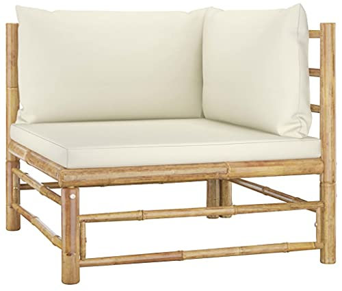 FIRBNUS Garten-Ecksofa mit Kissen Cremeweiß Bambus Sitzecke Balkon Eckcouch Sitzecke Garten Kleine Ecksofas Balkonmöbel Gartenmöbel Balkonsofa Gartensofa Outdoor Sofa Balcony Furniture