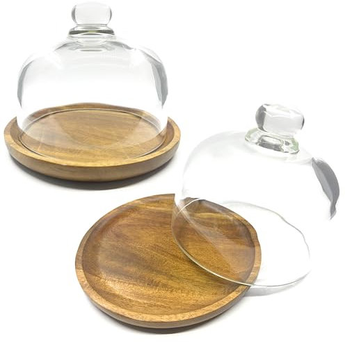 2 Pack Wooden Cake Stand with Glass Dome,Small Cake Stand with Lid,Cake Display Server Tray for Kitchen,Birthday Parties,Weddings,Baking Gifts (6.1 x 4.7 in)