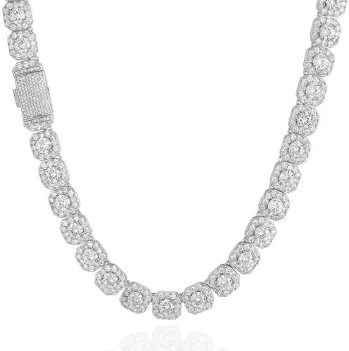 ICEDIAMOND 18K Iced Out 12mm Square Cluster CZ Diamanten Tennis Link Chain Halskette, vergoldete Hip Hop Charm Schmuck für Unisex (18'', White)