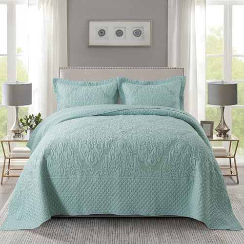 NEWLAKE Steppdecke-Set, hellgrün, Jacquard-geprägtes Blumenmuster, wendbar, Bestickt, Mikrofaser, Queen-Size-Größe