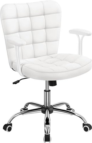 Yaheetech Mid-Back Faux Leather Office Task Chair with Detachable Padded Armrests Wide Seat Cushion Vanity Task Chair for Office,Study,Living Room White