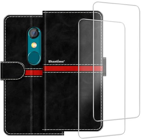 ESACMOT Handyhülle Kompatibel mit Unihertz Jelly 2 + [2 Pack] Displayschutzfolie Glasfolie, Premium Leder Magnetische Schutzhülle Cover für Unihertz Jelly 2E (3 Zoll) Schwarz