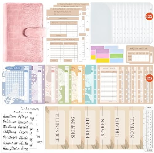 Deutsch A6 Budget Ordner mit Umschlag, PU Geld Ordner Organizer mit 6 Ringen, Geld Umschlag, Spesenabrechnung, Etikett und Lineal