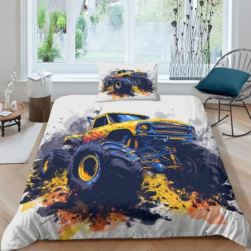 FSYQQASD Monster Truck Bettwäsche Set 3D Gedruckter Querfeldein Bettbezug 2 Teilig,bettwäsche Mikrofaser Bettbezug,mit Reißverschluss Und Kissenbezug,Weiche Bequemer Single(135x200cm)