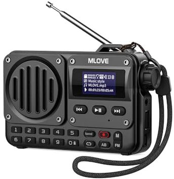 MLOVE BV800 Radio FM Portátil Pequeña Pantalla LCD y Altavoz Bluetooth, Admite Reproducción a través de BT 5.0, Entrada AUX, USB y Tarjeta TF para Disfrutar de la Música en Cualquier Lugar, Negro