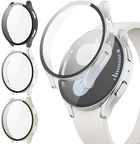 JYQ 3-Stück Schutzhülle mit Displayschutzfolie Kompatibel mit Samsung Galaxy Watch 7 40mm, Rundum Ultradünne Hard Gehäuse Eingebaut Kratzfest Gehärtetes Glas Schutzfolie für Samsung Watch 7 40mm