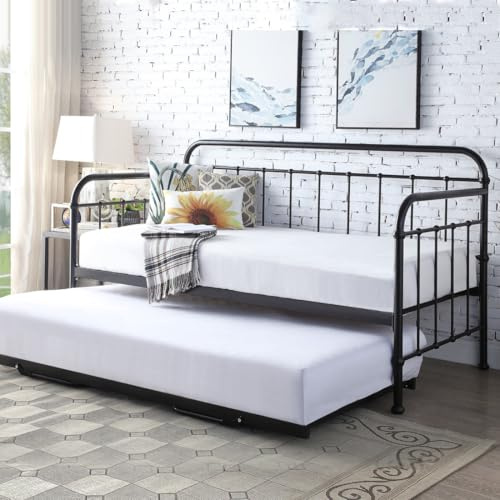 SlumberWorx ICKLEFORD INDUSTRIAL LIVING ROOM BEDROOM METAL DAY BED FRAME w GUEST TRUNDLE (Black)
