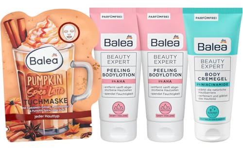 Balea 4er-Set Hautpflege: TUCHMASKE Pumpkin Spice Latte, 1 St + Beauty Expert PEELING BODYLOTION 5% AHA, 2 x 200 ml + Beauty Expert BODY CREMEGEL 5% Niacinamide für feineres Hautbild, 200 ml (600 ml)
