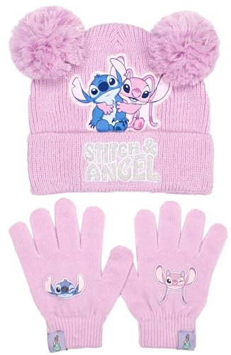 Disney Lilo & Stitch Wintermütze & Handschuhe Set für Mädchen - Warme & Kuschelige Beanie Mütze & Handschuhe - Perfekt für Kinder im Alter von 6-12 Jahren, rose, One size