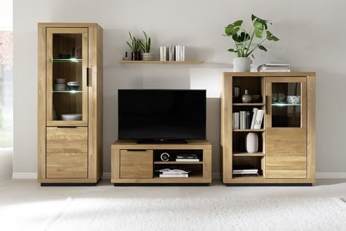 Wohnwand >GRENO< Fronten in Wildeiche massiv geölt, zeitlose Optik, in den Maßen ca. 387 x 200 x 54 cm (B/H/T) - mit optimalen Stauraum für Ihr Zuhause - Wohnzimmer-Set Anbauwand Wohnzimmerschrank