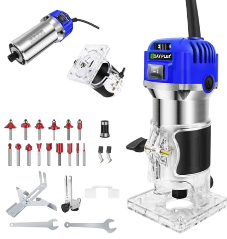 800W Oberfräse Electric Hand Holzfräse, 220V Einhand Oberfräsen Trimmer 27000r/min Einhandfräse 6-8mm Spannzangen mit 15 Pcs 1/4 Fräser Set