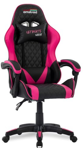 Amstrad Ultimate-Fushia Fauteuil/Chaise de Bureau Gamer Coloris Noir & Fushia - Coussin Lombaire & appuie tête