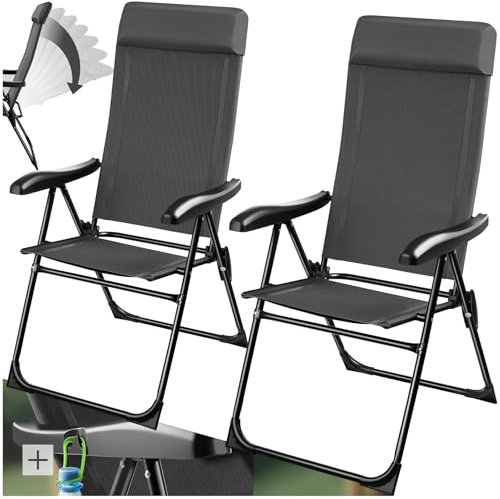 TecTake® Lot de 2 Chaise Pliante Camping Fauteuil Pliable Gris Chaise de Plage Ultra léger en Aluminium avec Dossier inclinable & appuie-tête Idéal Voyages, Pêche, Festival, Camping, Plage, Jardin