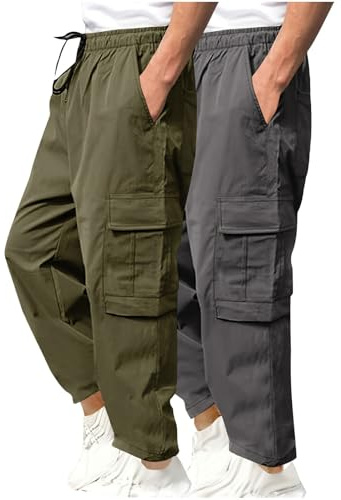 2 Pack Cargo Trousers for Men UK Sale Clearance,Work Trousers Mens Regular Fit Mid Rise Tactical Combat Work Trousers Casual Smart Chinos Elasticated Waist Walking Stretch Cargo Pants with Pockets