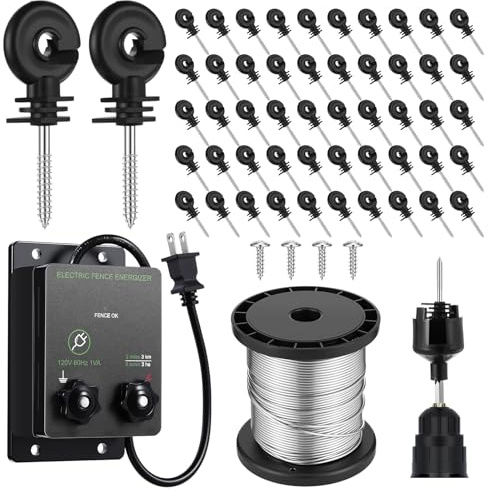 MorningRo 2-Mile 5000V 0.1Joule Electric Fence for Preventing Animals Intruding, 50 Black Fence Insulator and 1 Socket Tool, 250ft Aluminum Wire for Electric Fencing Grid System Accessories