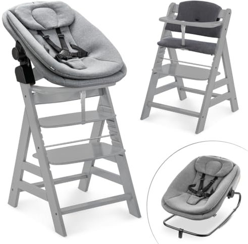 hauck Hochstuhl Alpha+ Newborn Set 3in1 Highchair Bouncer - mitwachsender Holz Babyhochstuhl ab Geburt, inkl. Neugeborenenaufsatz & Sitzpolster - Grau