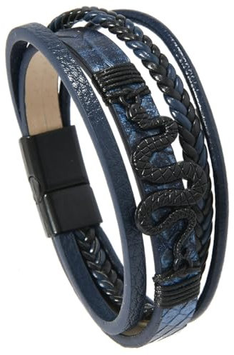 ZFSBRTL Herren-Armband Leder Geschenke für Männer -Vintage Schlangenkönig-Armreif Handgefertigt Mehrlagiges Armbänder Manschette Wikinger Manschette Armreif Schmuck,Blau,21cm